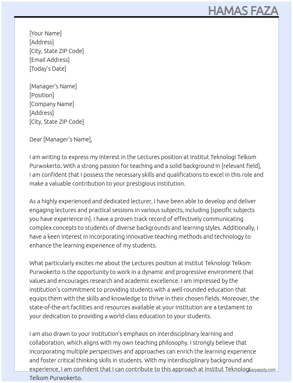 Lectures At Institut Teknologi Telkom Purwokerto  Cover Letter