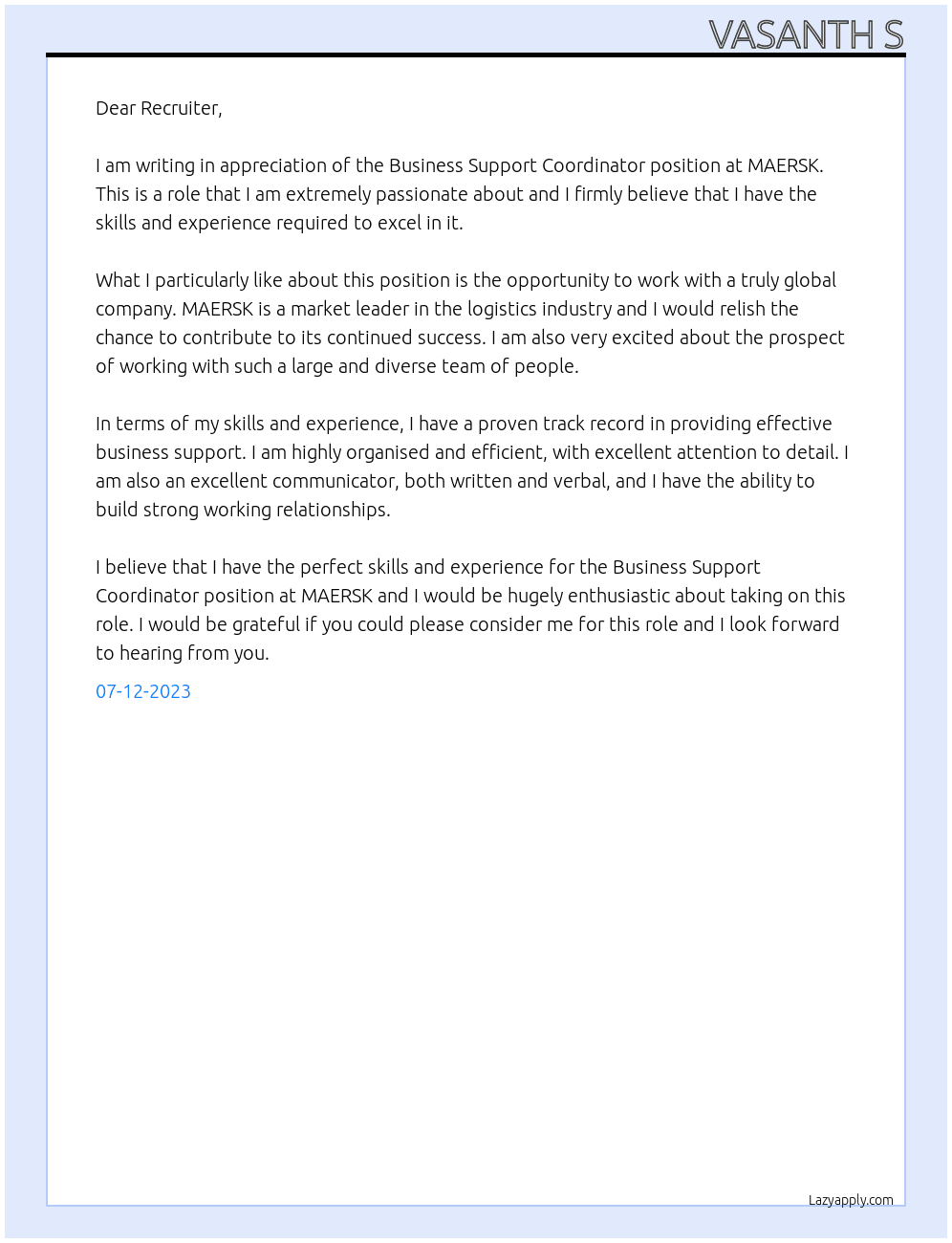 Business Support Coordinator  At MAERSK  Cover Letter