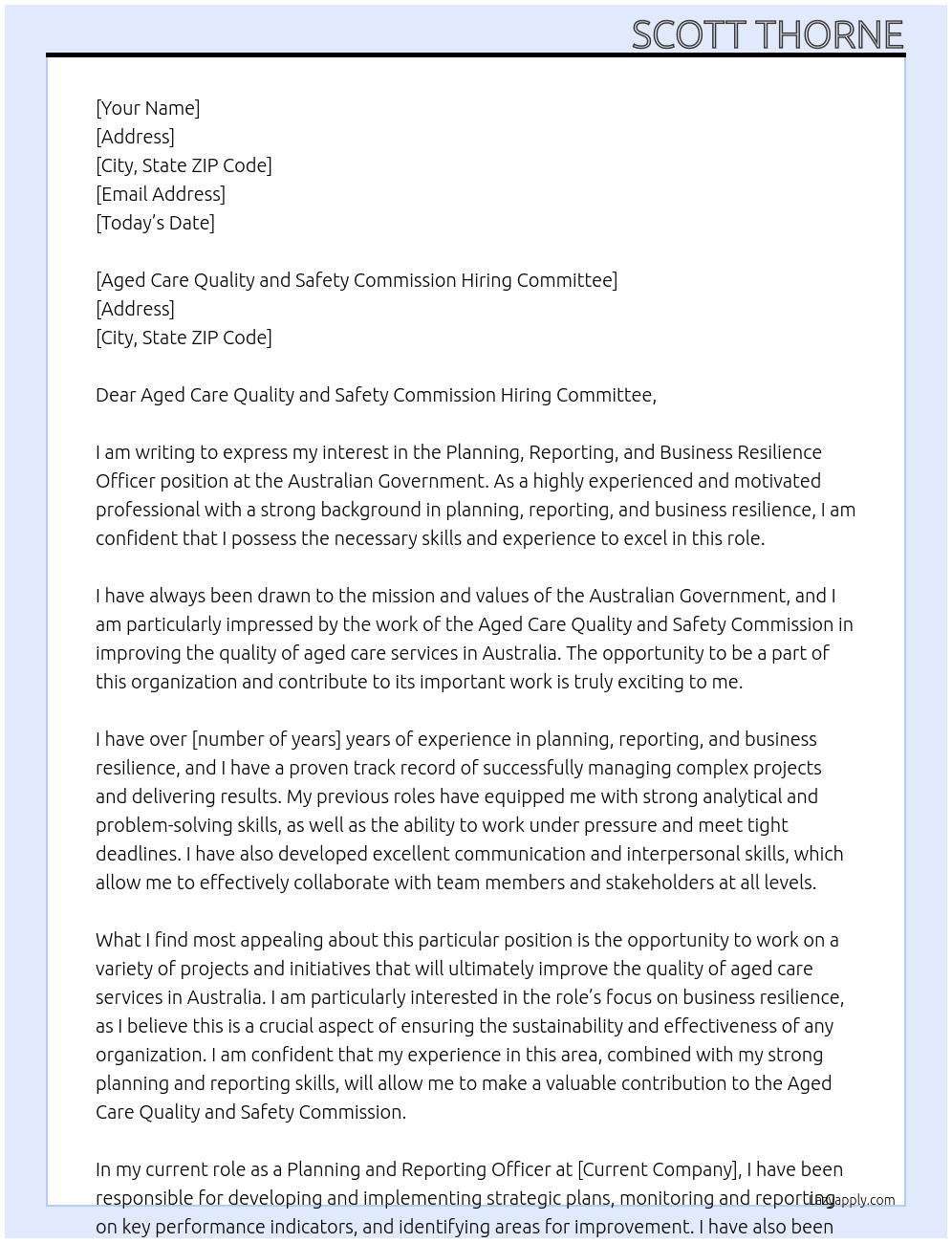 Planning, Reporting and Business Resilience Officer At Australian Government Cover Letter