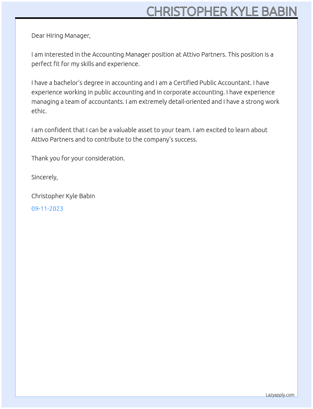 Accounting Manager At Attivo Partners Cover Letter