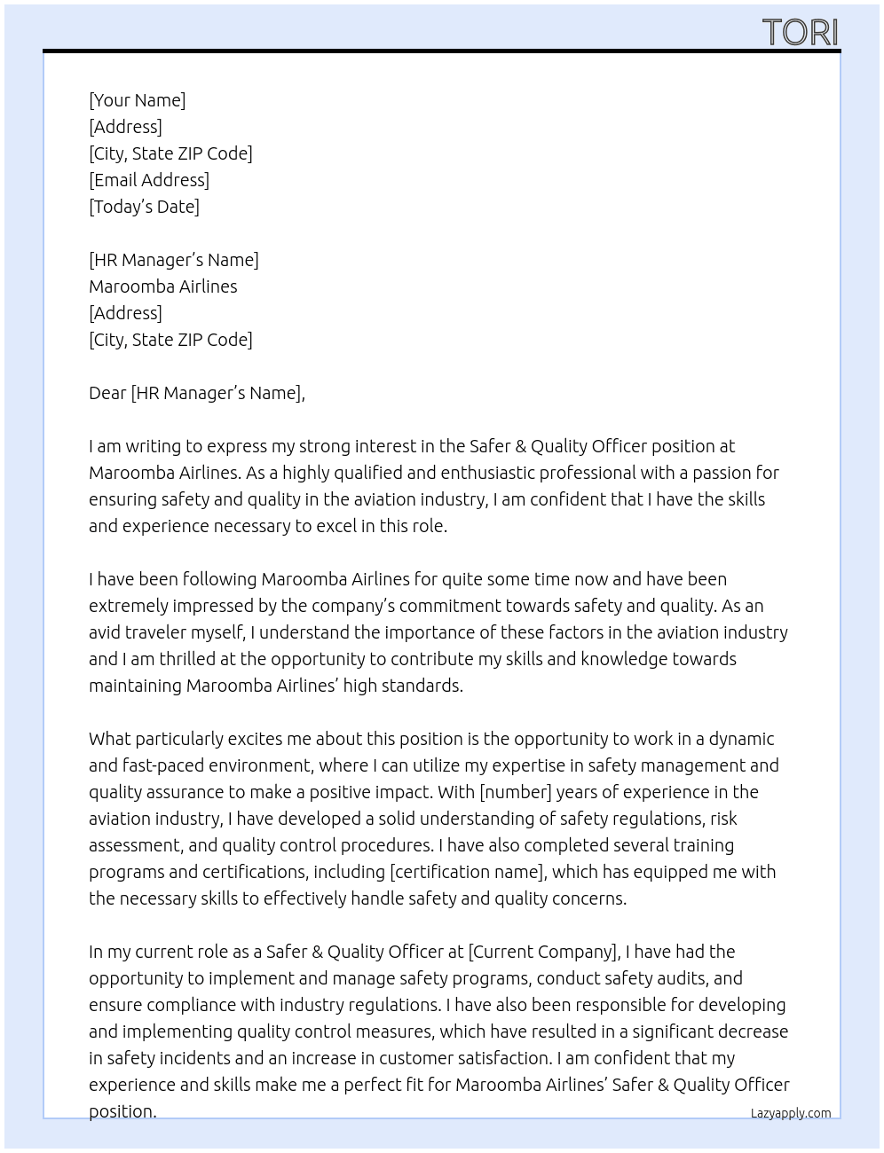 Safer & Quality Officer At Maroomba Airlines Cover Letter