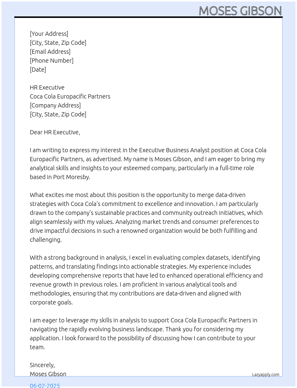 Execuive Business Analyst At Coca Cola Europacific Partners Cover Letter