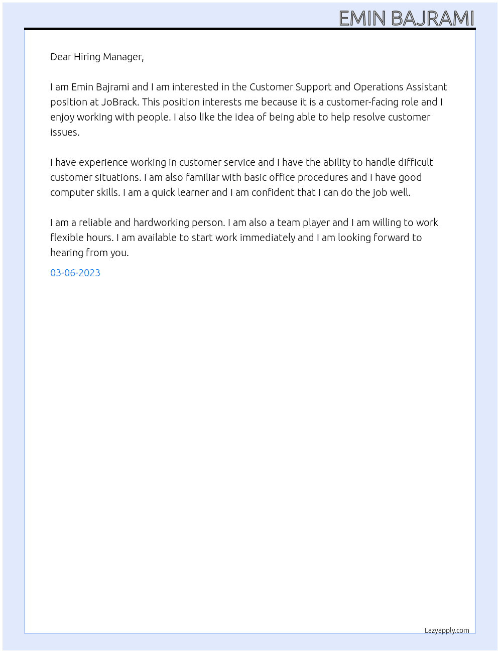 Customer Support and Operations Assistant At JoBrack Cover Letter
