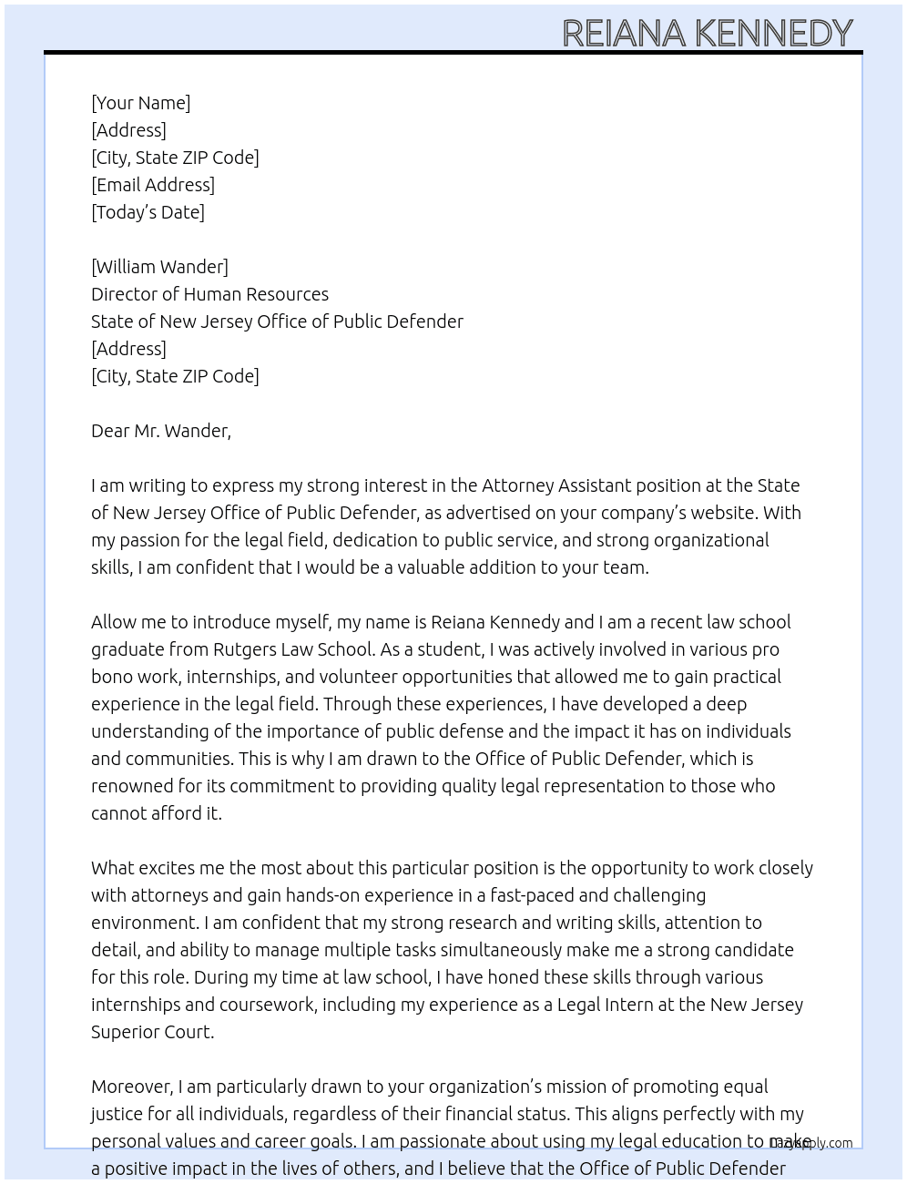 Attorney Assistant  At State of New Jersey Office of Public Defender  Cover Letter