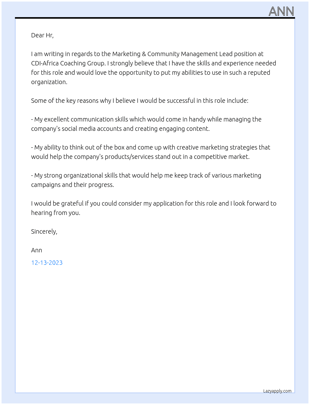 Marketing & Community Management Lead At CDI-Africa Coaching Group Cover Letter