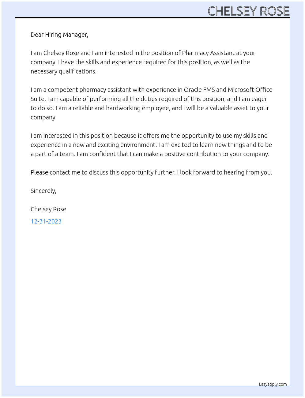 Pharmacy Assistant At ??? Cover Letter