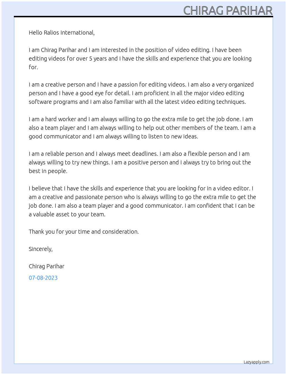 video editing  At Ralios International Cover Letter