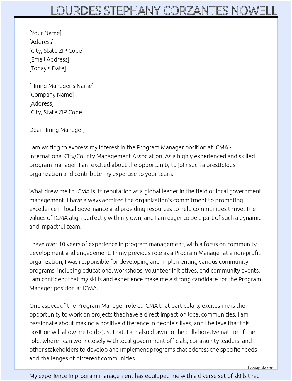 Program Manager At ICMA - International City/County Management Association Cover Letter