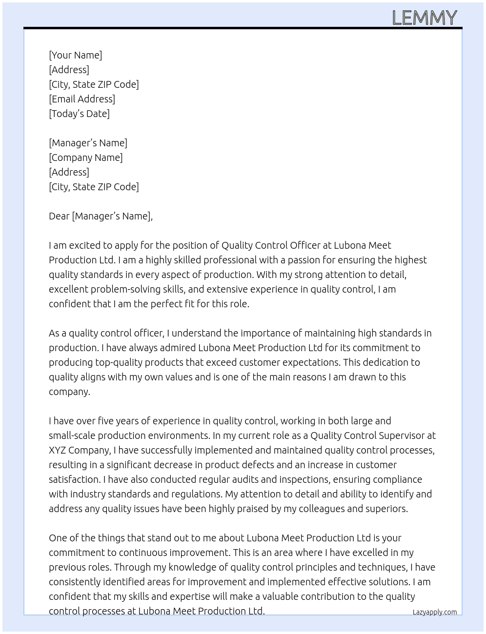 Quality control officer  At Lubona meet production Ltd  Cover Letter
