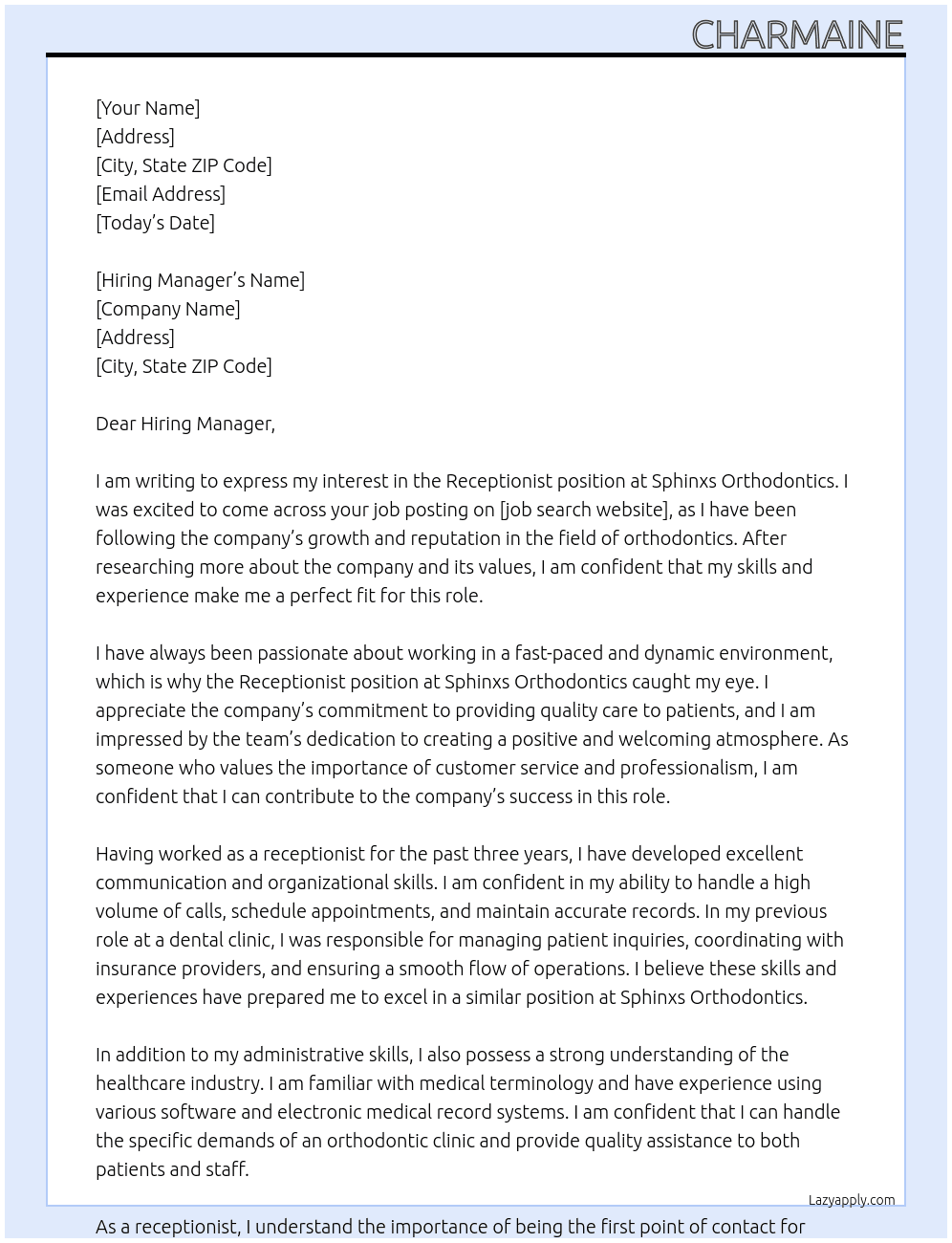 Receptionist At Sphinxs Orthodontics Cover Letter