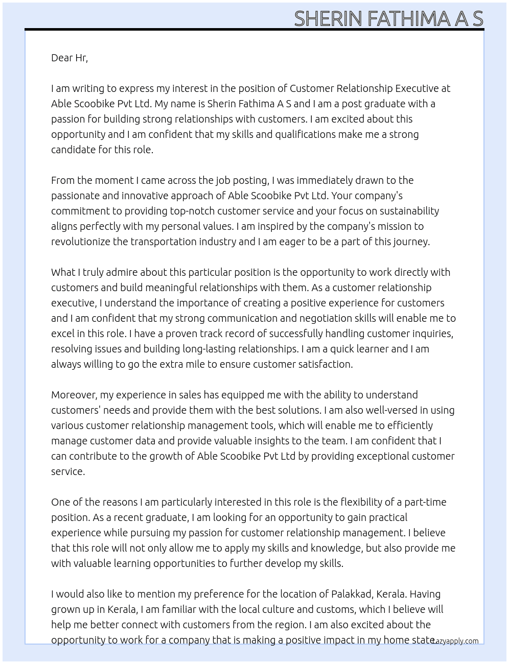 Customer relationship executive  At Able scoobike pvt Ltd  Cover Letter