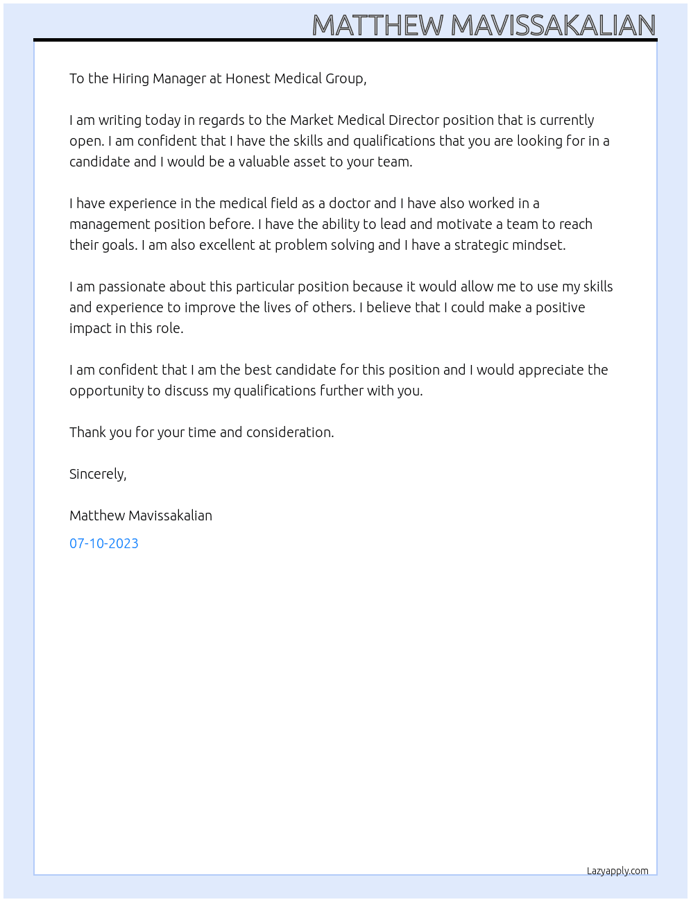 Market Medical Director At Honest Medical Group Cover Letter