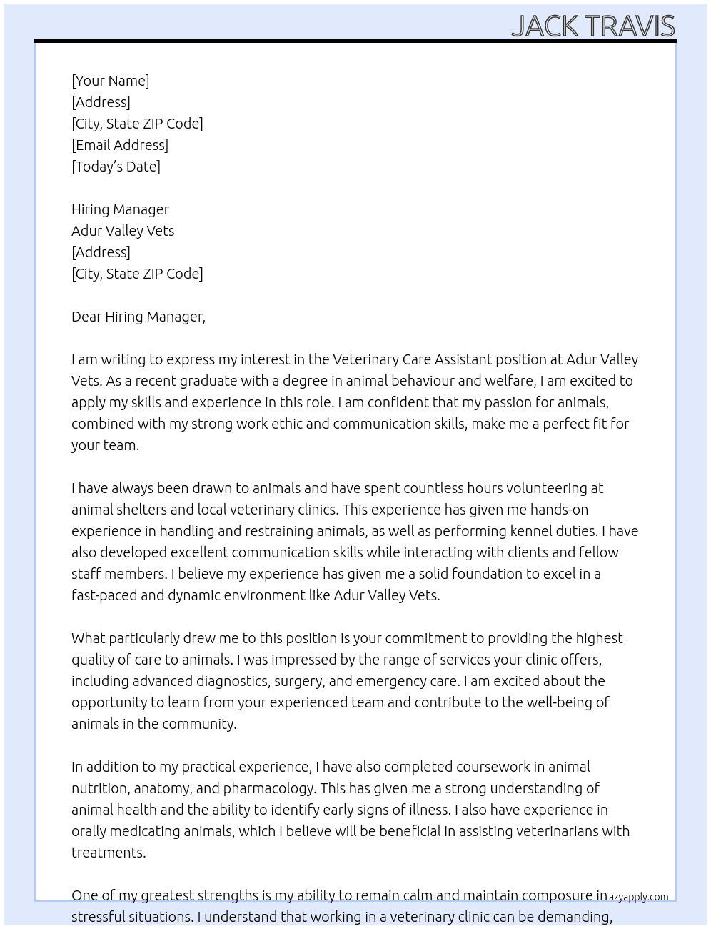 Veterinary Care Assistant  At Adur Valley Vets Cover Letter