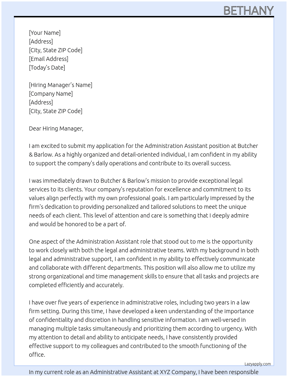 administration assistant At butcher & barlow Cover Letter