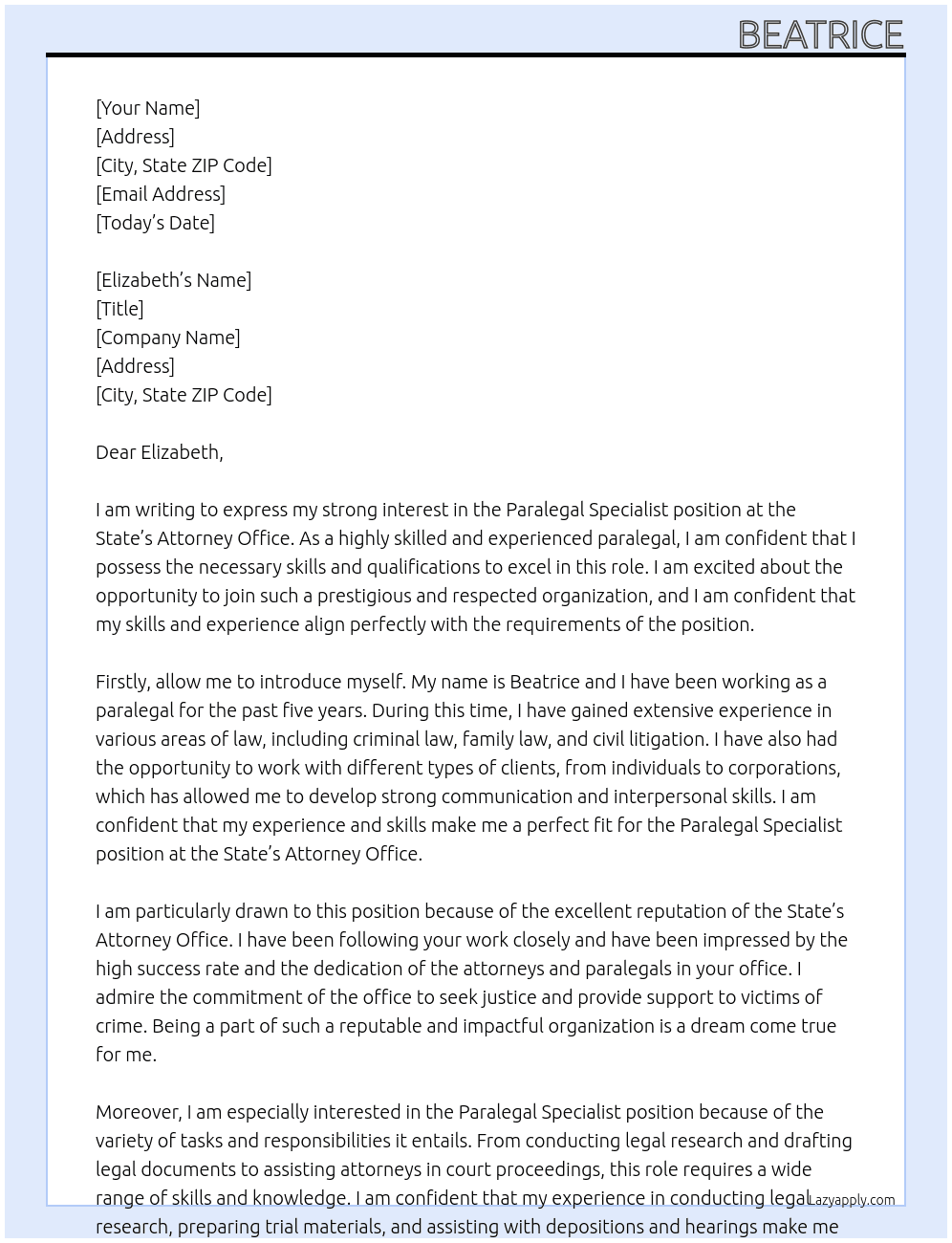 paralegal specialist At state's attorney office Cover Letter