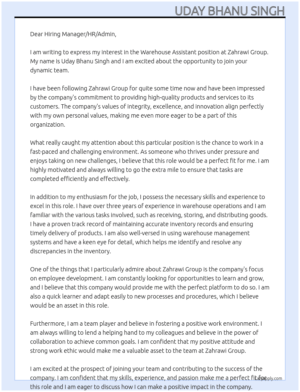 Warehouse Assistant  At Zahrawi Group Cover Letter