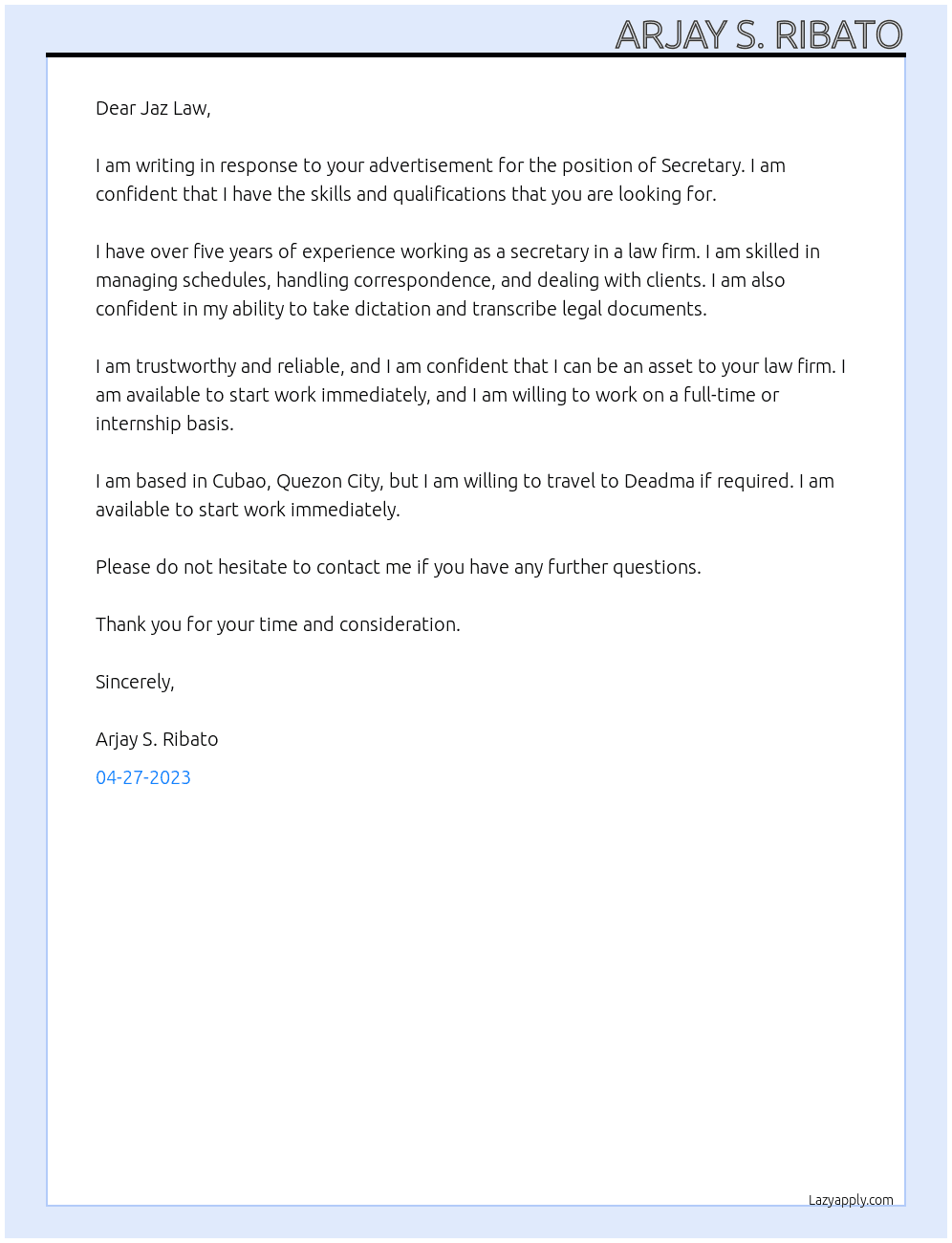 Secretary At Jaz Law Office Cover Letter