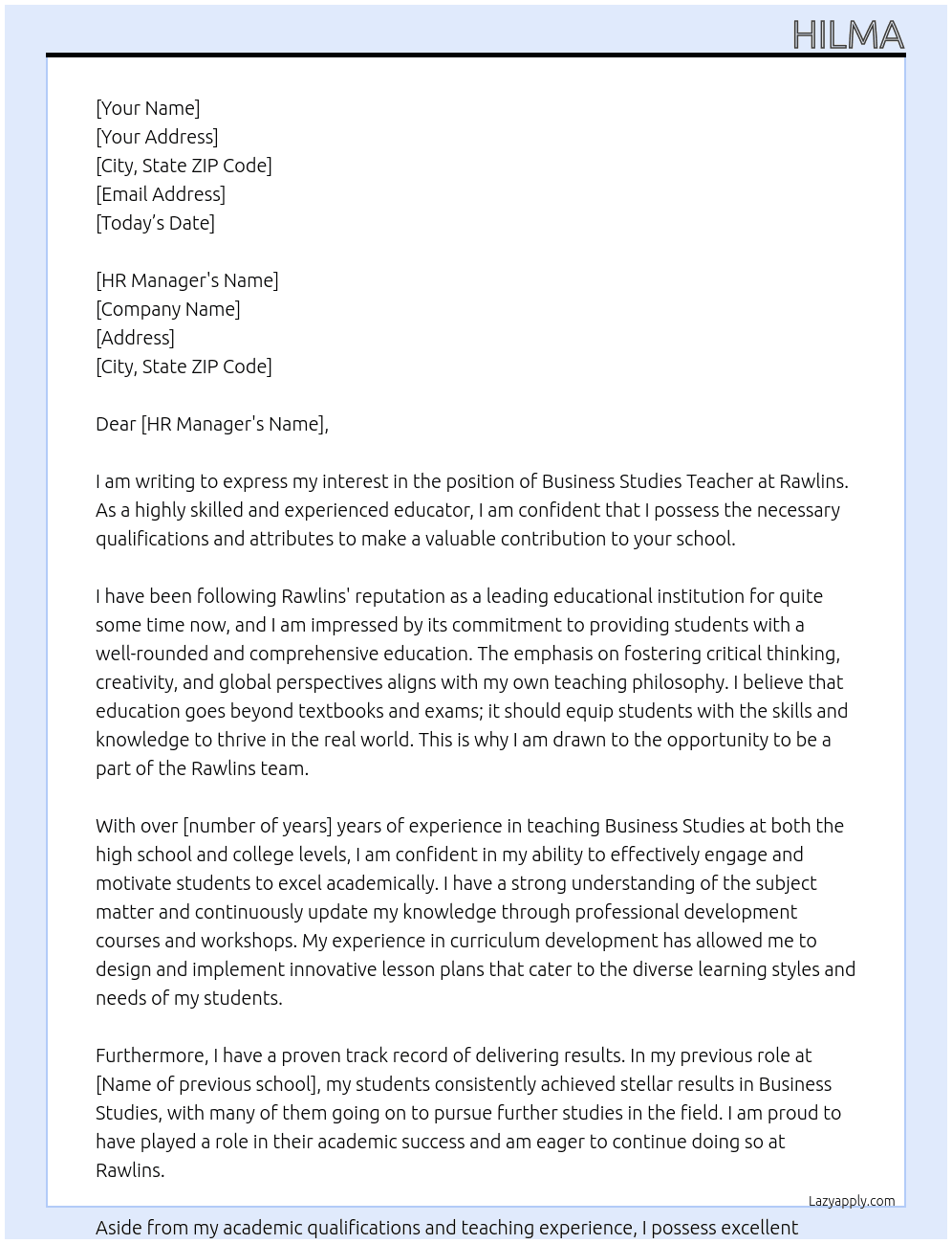 Business studies  teacher  At Rawlins  Cover Letter
