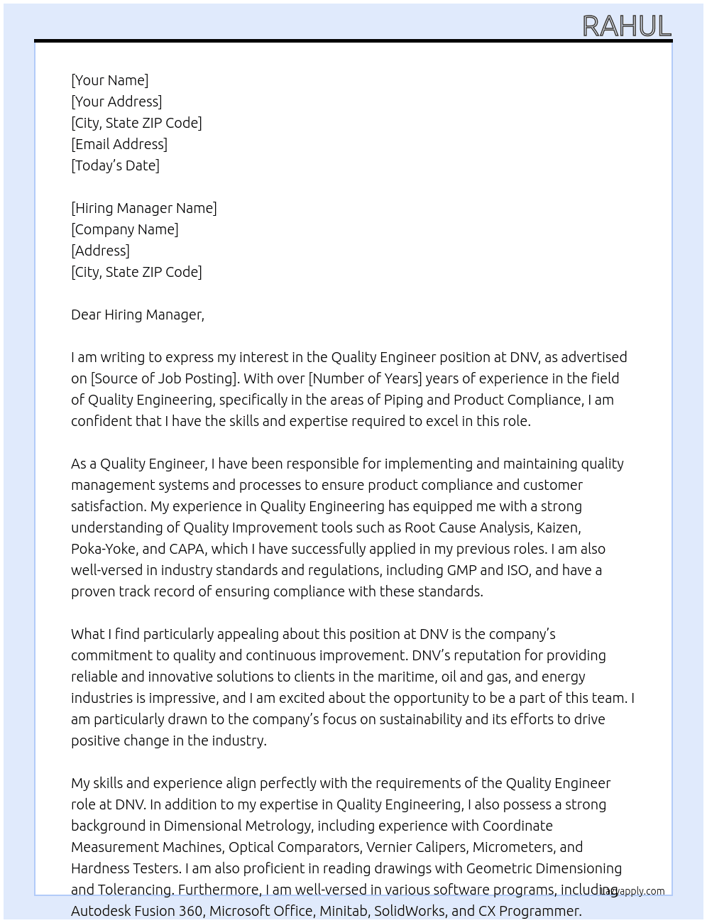 Enginer piping At DNV Cover Letter