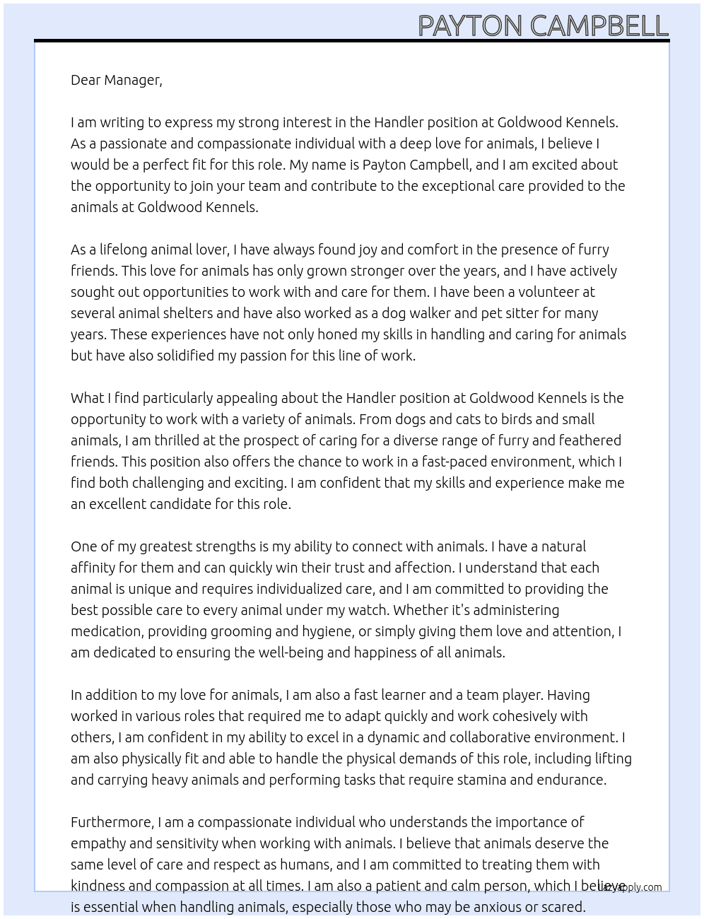 Handler At Goldwood Kennels Cover Letter