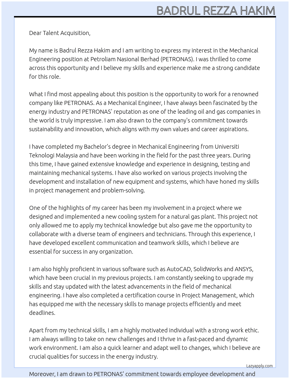 Mechanical Engineering At Petroliam Nasional Berhad (PETRONAS) Cover Letter