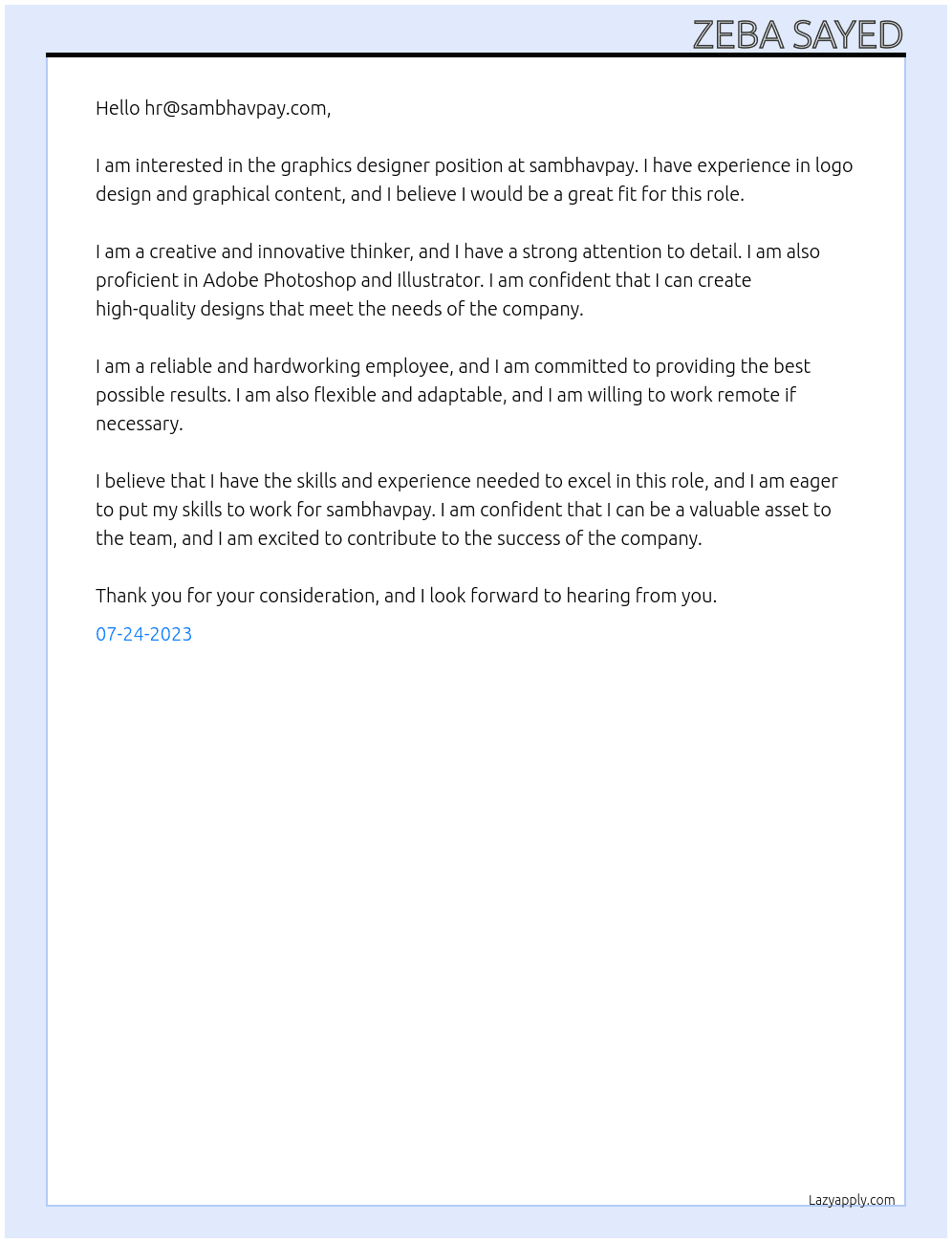graphics designer At sambhavpay Cover Letter