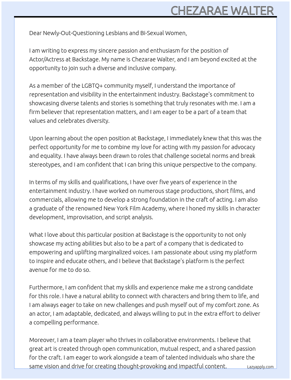 Actor/actress  At Backstage  Cover Letter