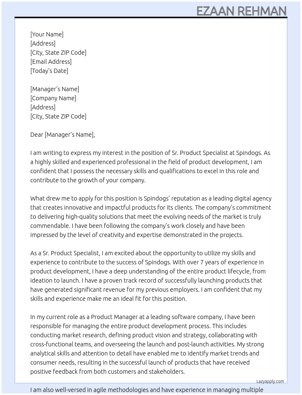 Sr Product Specialist At Spindogs Cover Letter