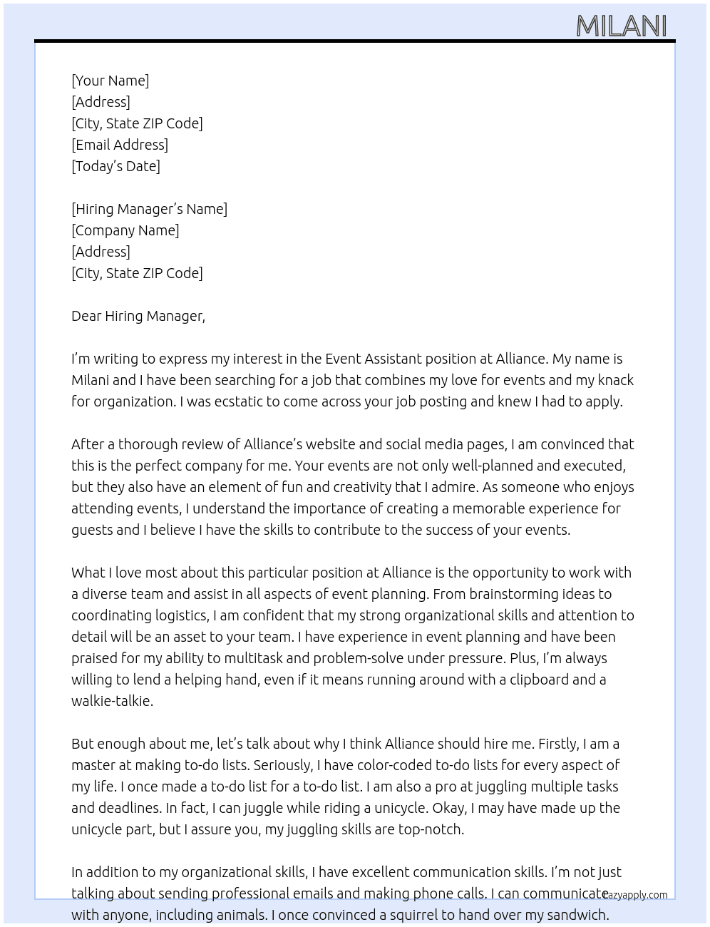 Event assistant  At Alliance  Cover Letter
