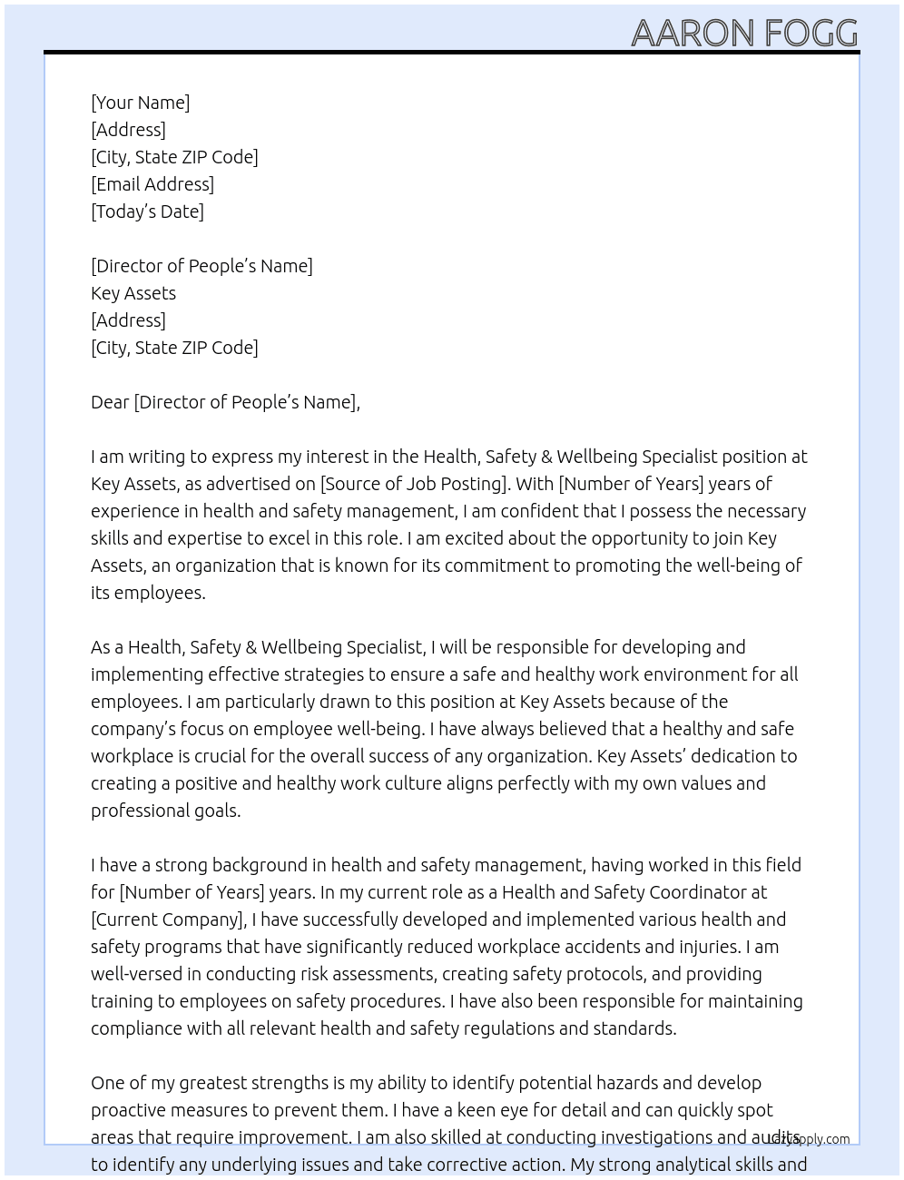Health, Safety & Wellbeing Specialist At Key Assets Cover Letter