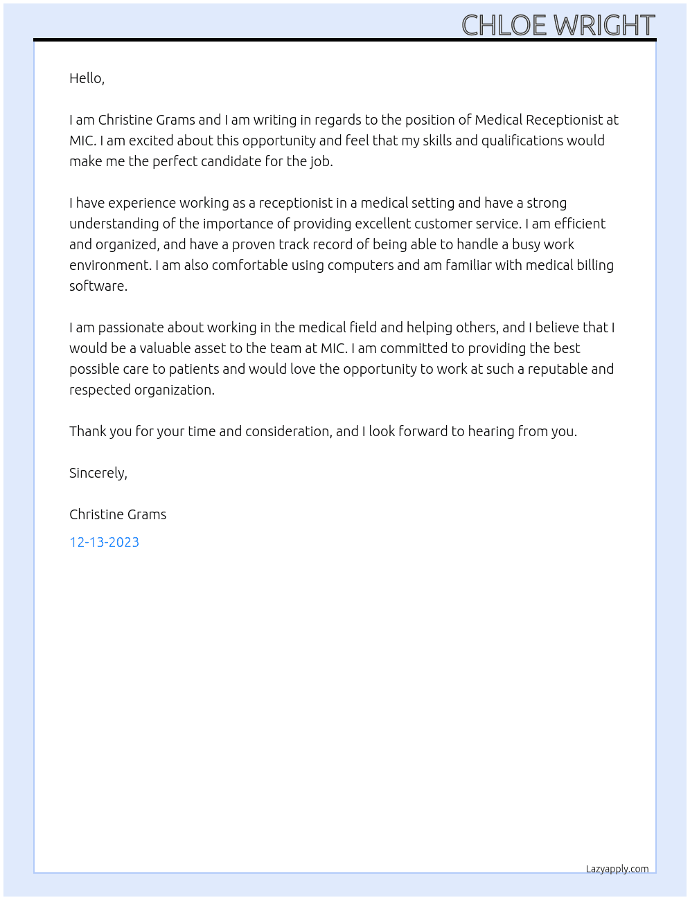 Medical Receptionist At MIC  Cover Letter