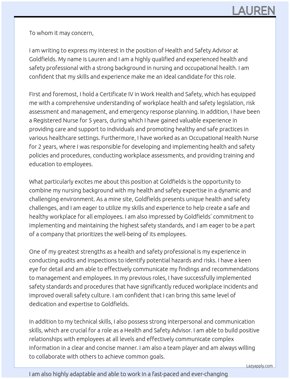 Health and Safety Advisor  At Goldfields Cover Letter