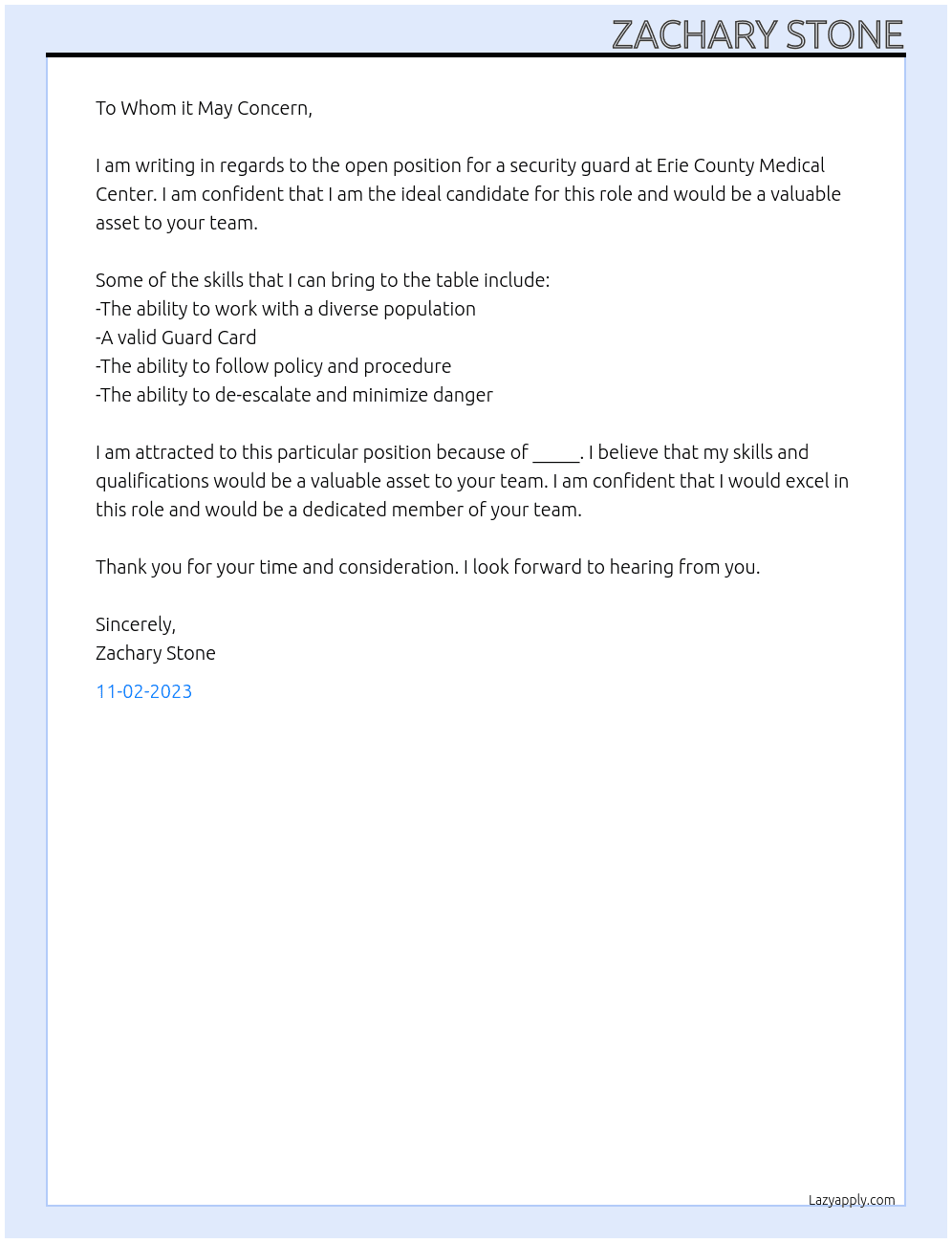 Security Guard  At Erie County Medical Center  Cover Letter