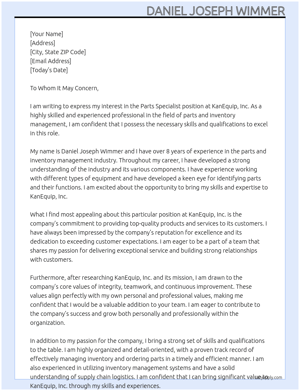 parts specialist At KanEquip, Inc Cover Letter