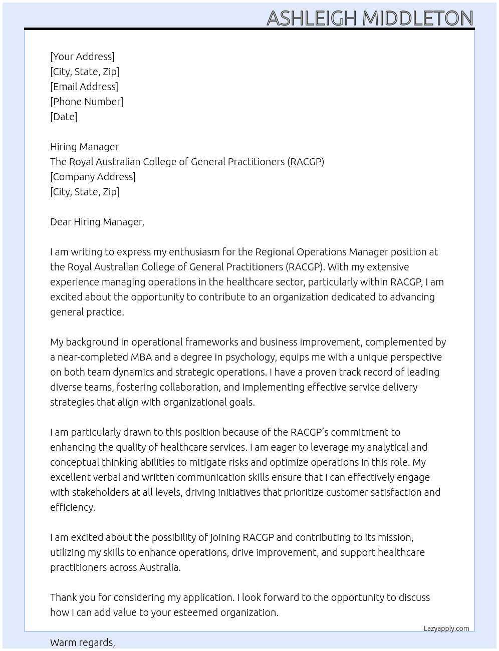 Cover letter for regional operations manager - LazyApply
