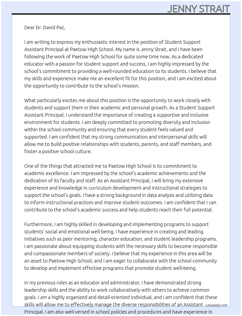 Student Support Assistant Principal At Paetow High School Cover Letter