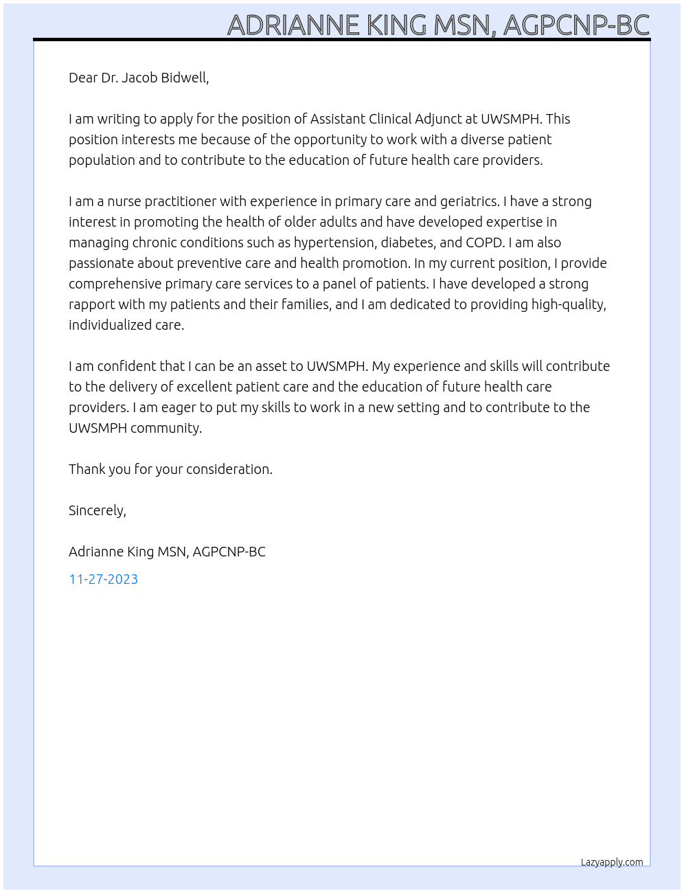 Assistant Clinical Adjunct  At UWSMPH Cover Letter