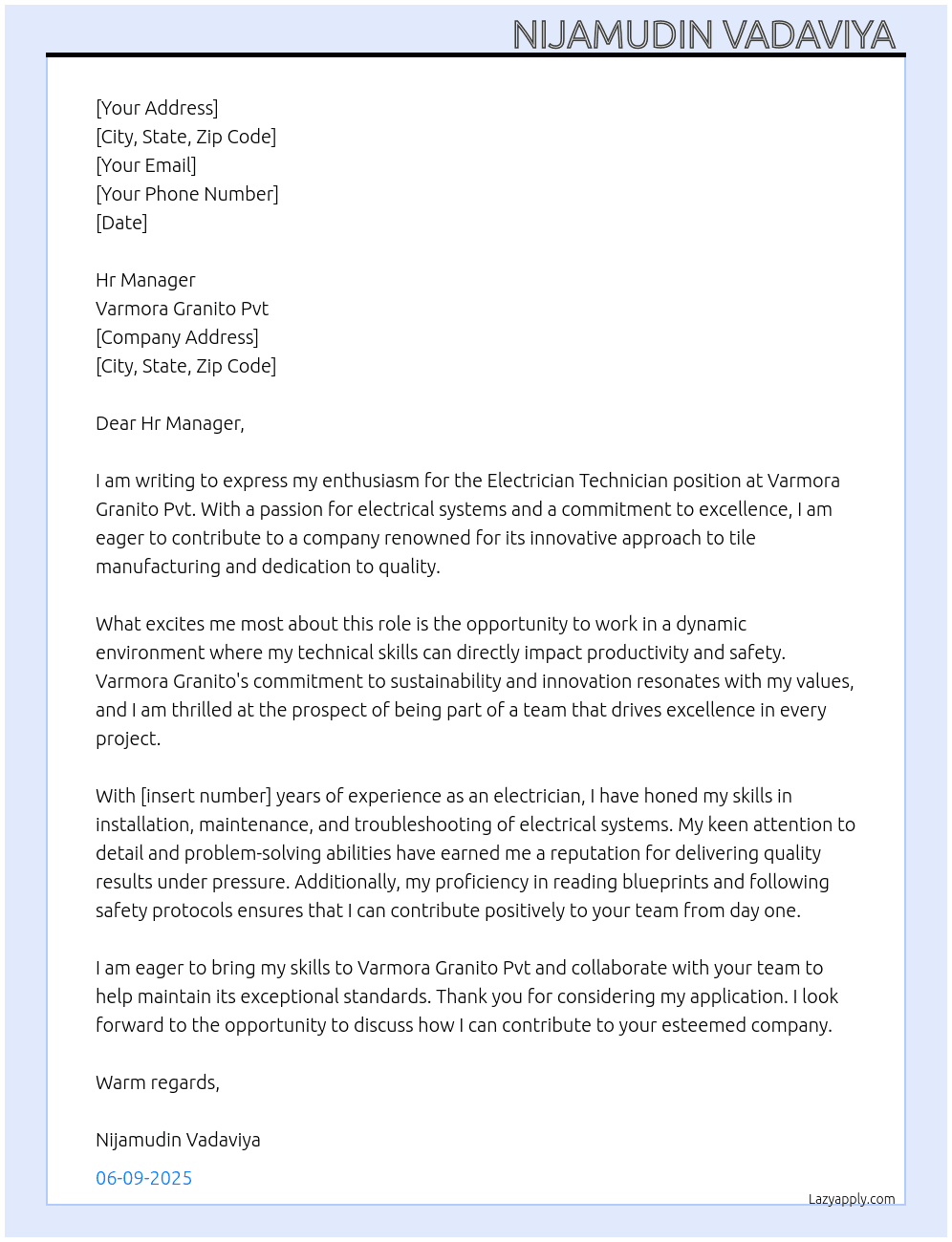 Cover letter for electrician technician - LazyApply