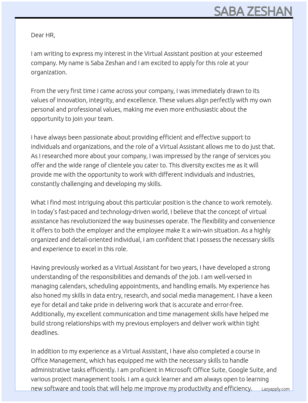 Virtual Assistant At hr Cover Letter