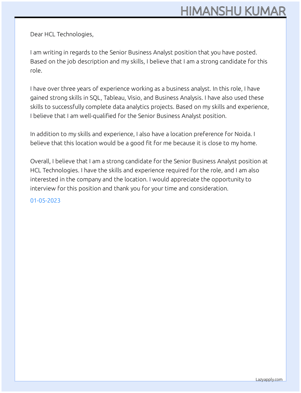 Senior Business Analyst  At HCL Technologies Cover Letter