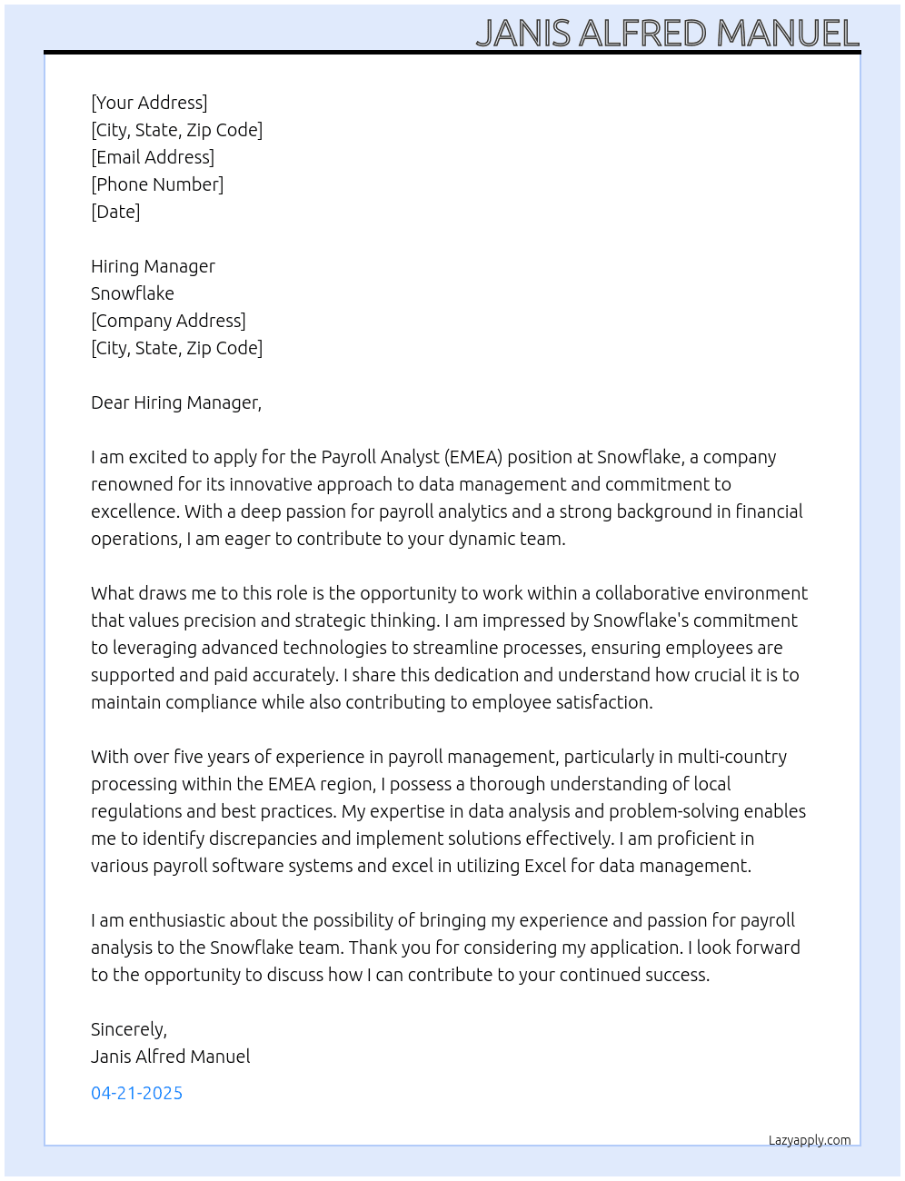 Payroll Analyst (EMEA) At Snowflake Cover Letter