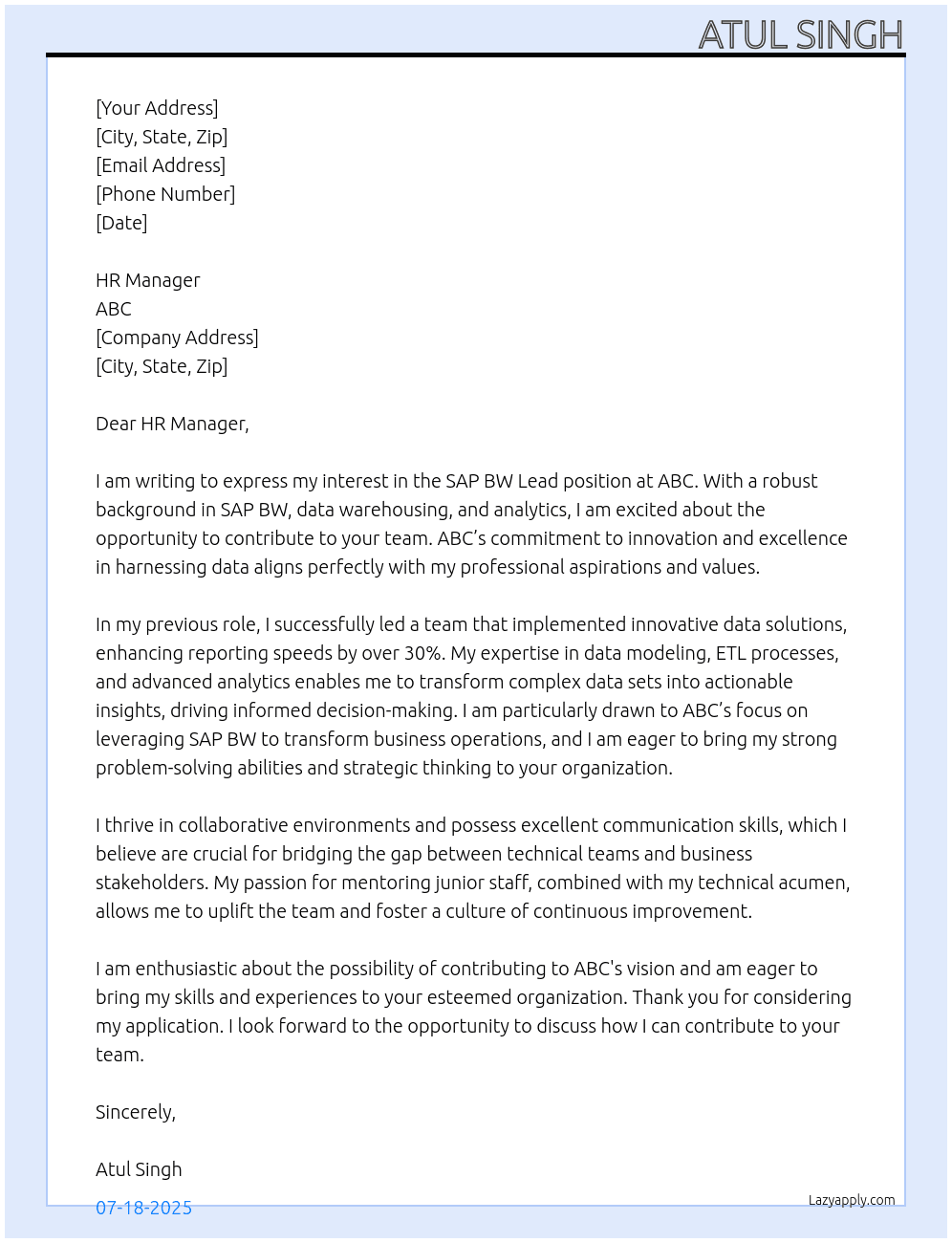 Cover letter for sap bw lead - LazyApply