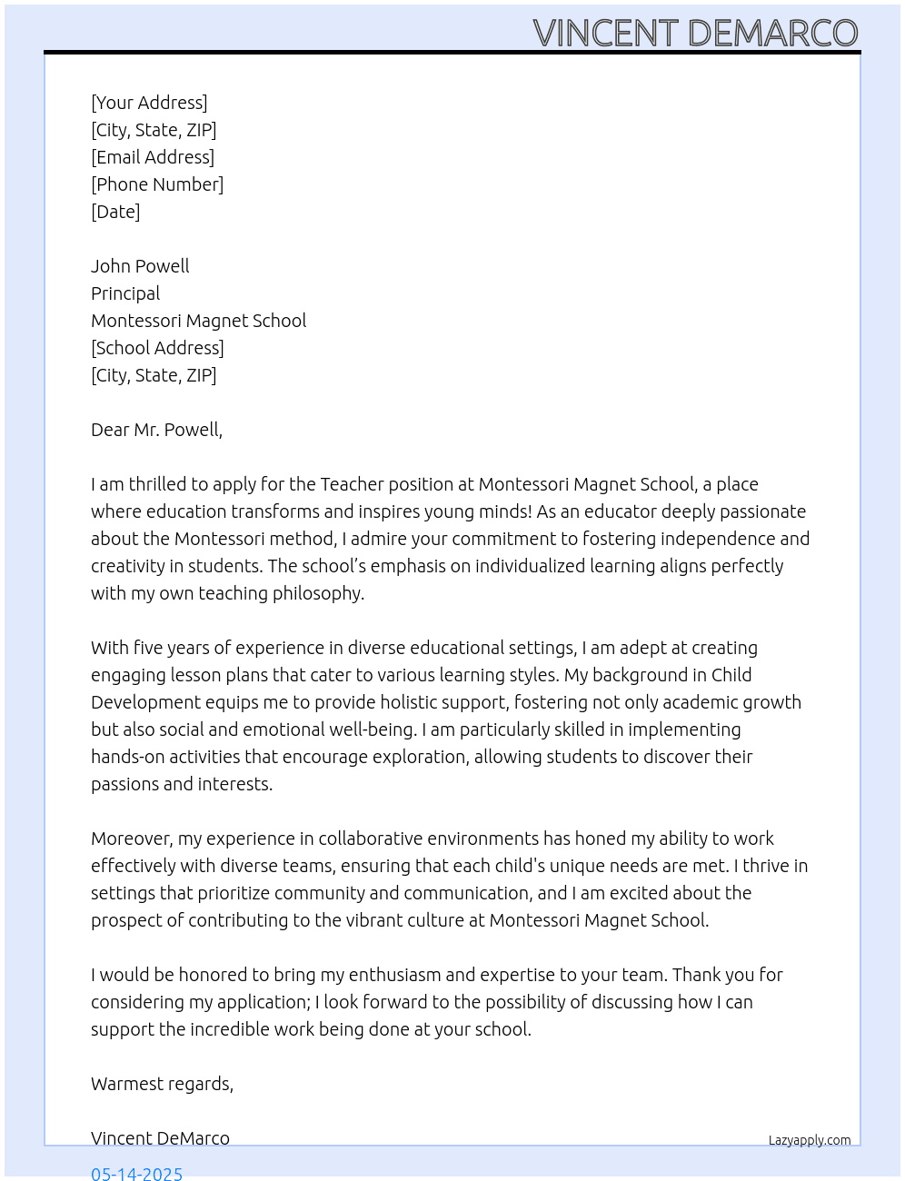 Teacher At Montessori Magnet School Cover Letter
