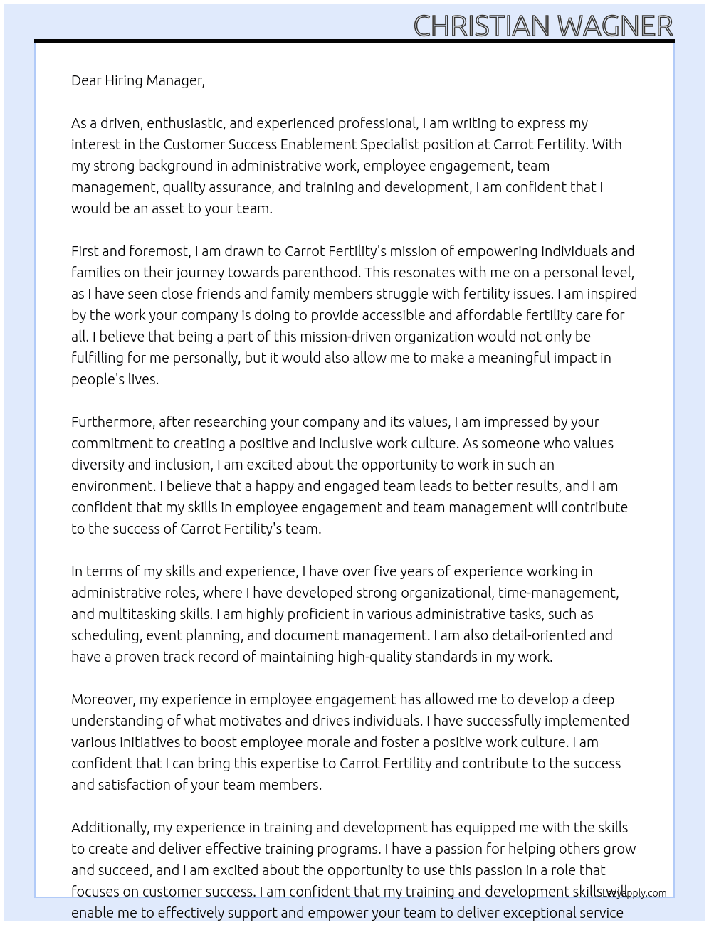 Customer Success Enablement Specialist At Carrot Fertility Cover Letter