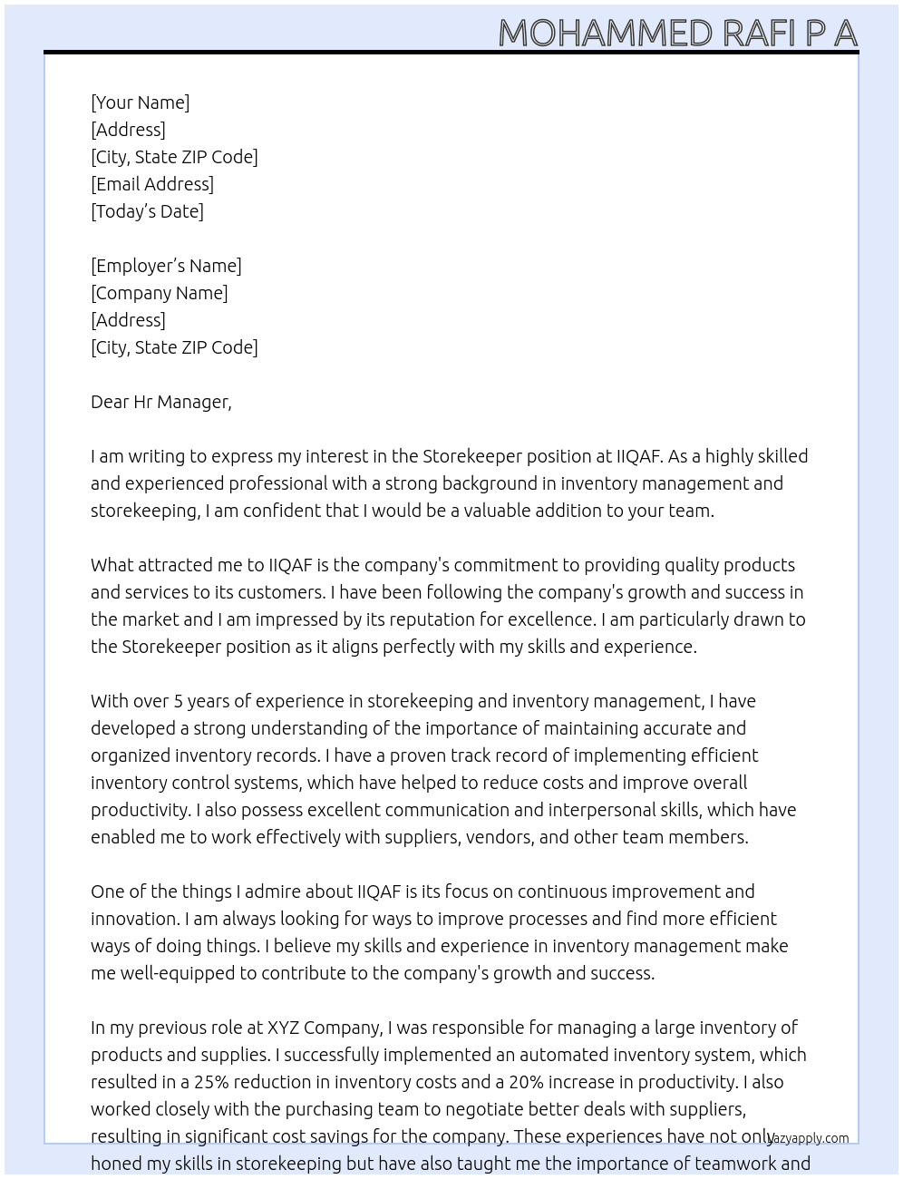 Store keeper At IIQAF Cover Letter
