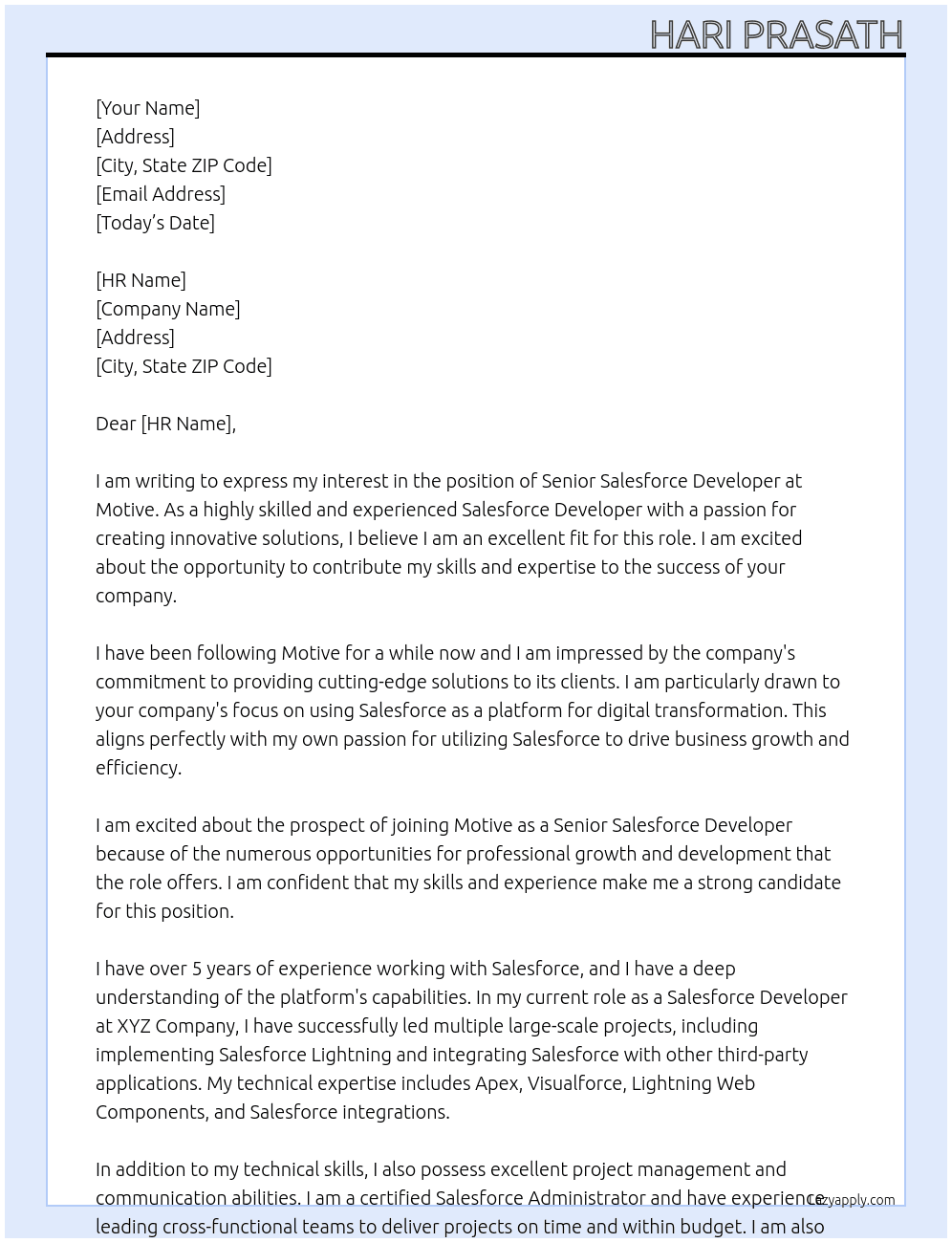 Senior Salesforce Developer At Motive Cover Letter