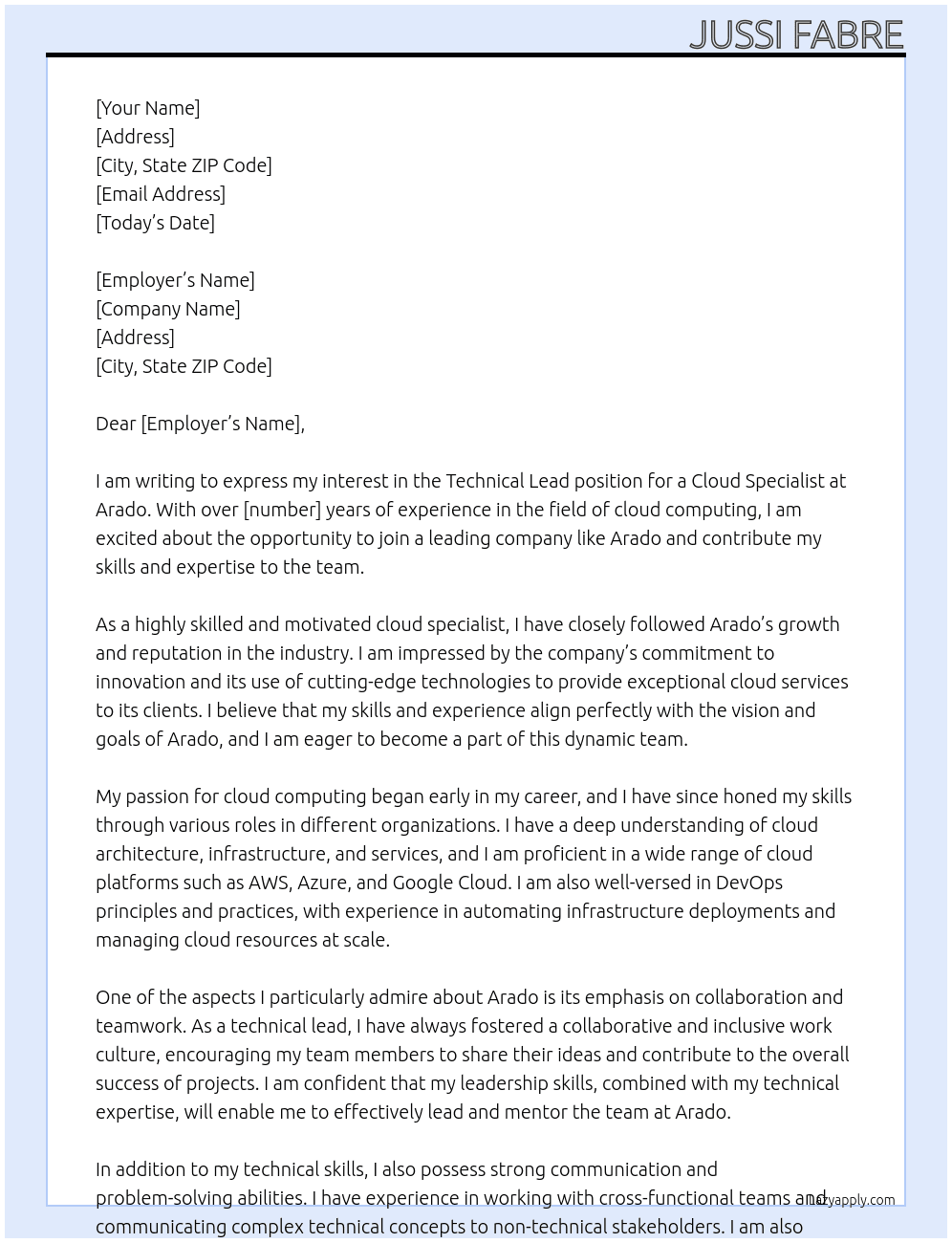 Cloud specialist At Arado Cover Letter