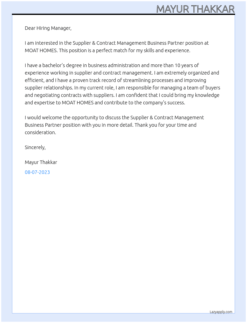 Supplier & Contract Management Business Partner At MOAT HOMES Cover Letter