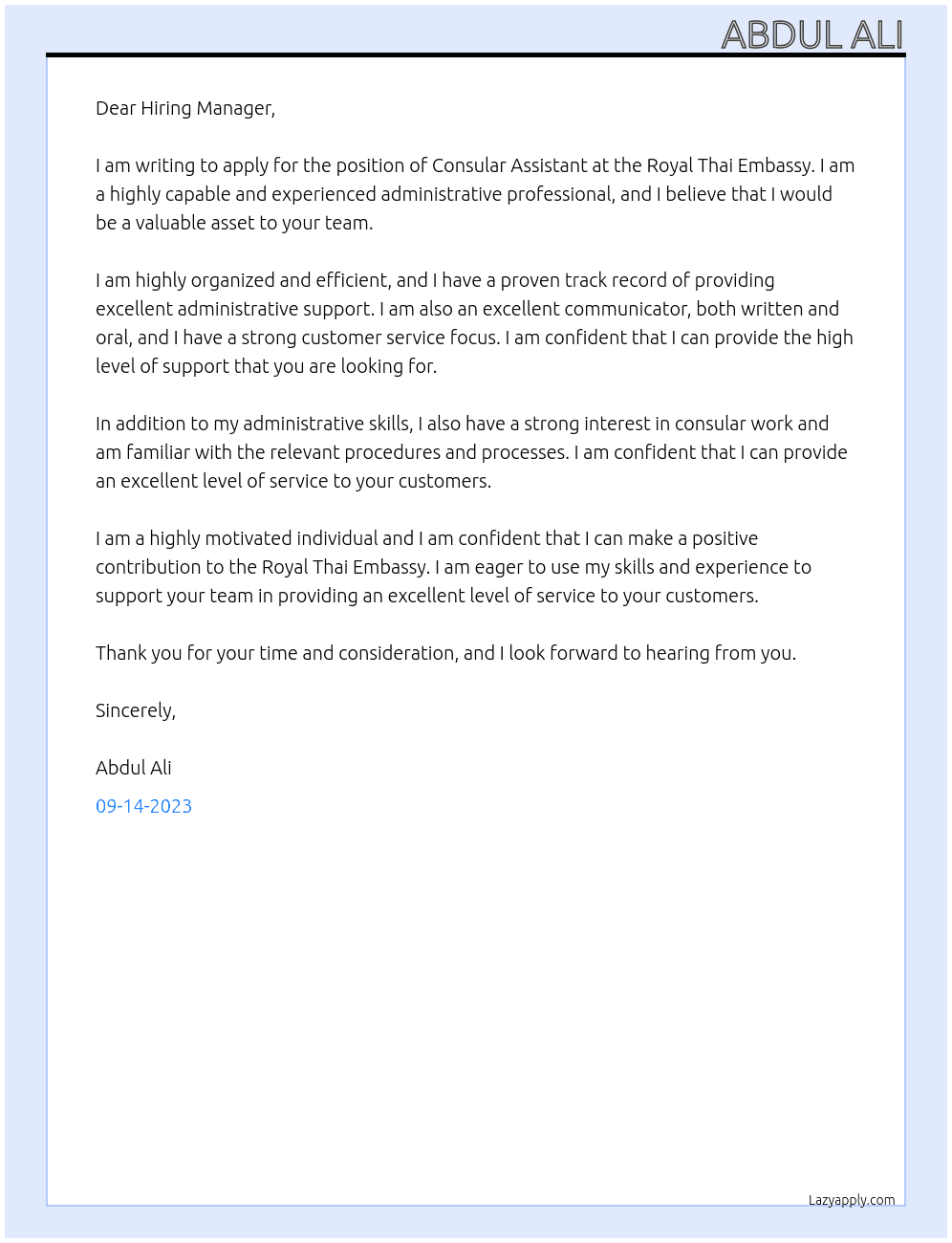 Consular Assistant At Royal Thai Embassy Cover Letter