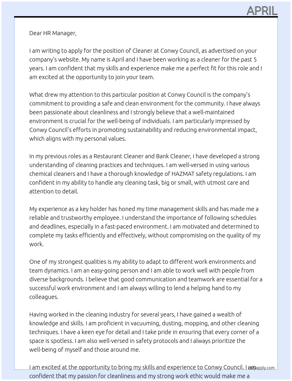 Cleaner  At Conwy Council Cover Letter